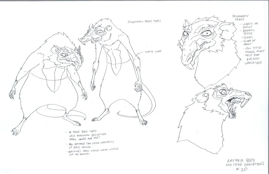 Rat men concepts. These were some of the basic rat men concepts. I was trying to show how they stood and differences in the stature. I also wanted to show where their waist line was and facial gestures. (Dan Norton May 2012)