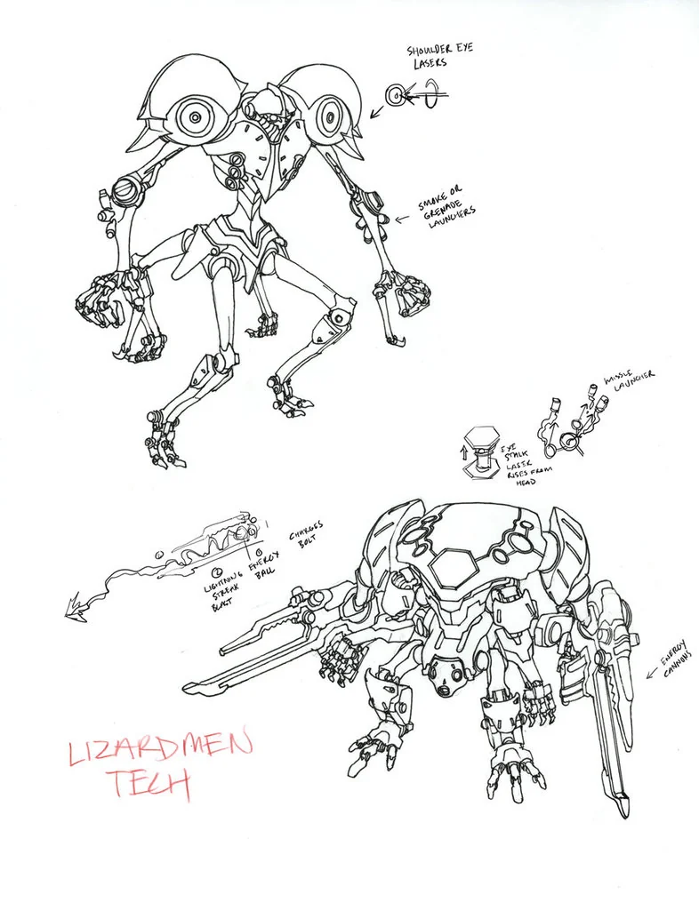 Lizardmech concept 2. Here are some more concept pieces for the lizardmen mechs. These we're just waaaaay to detailed to either build in 3-D or draw by hand... Oh well, fun drawing them anyways.