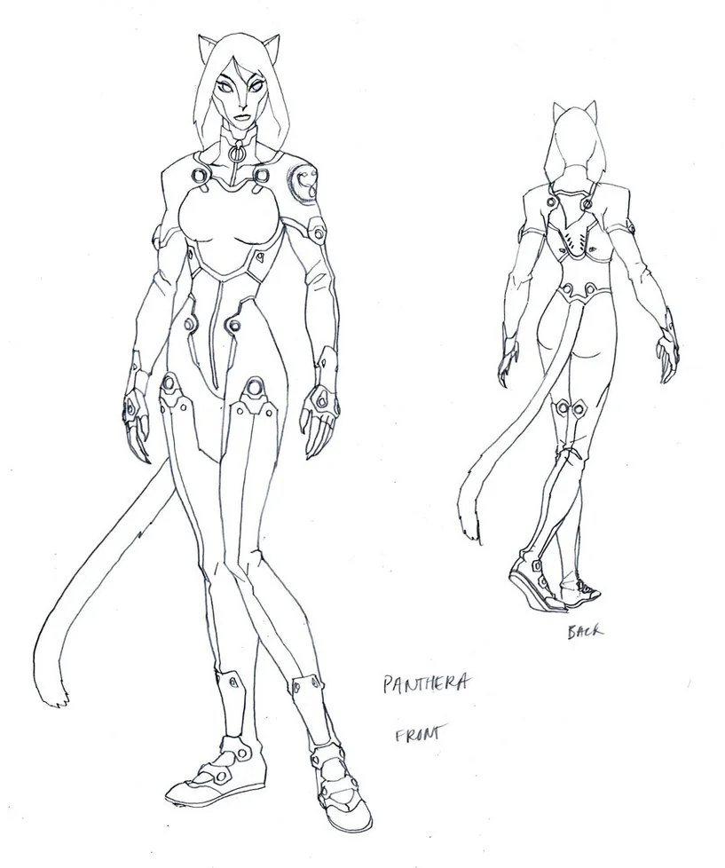 Panthera concept 1. Here was my go for Leo's girlfriend and fellow mutinous, Panthera. Since we didn't see all the team back in the real world this episode, we worked in counterparts to some of the main cast. One thing I was insistent on was making Panthera much taller than Leo. I wanted to show he wasn't intimidated by a strong woman and brake convention on another male domination fantasy. No damsel in distress here.. (Dan Norton Mar 2012)