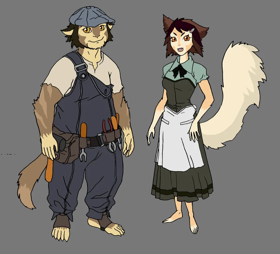 WilyKit and WilyKat's parents concept. So here are the concepts for the Wily twins. I initially gave a tool belt to the father, but the tools looked a little to modern. The mom was a dangerously close to looking like a waitress at a diner but with some color adjustments, she turned out. (Dan Norton May 2012)