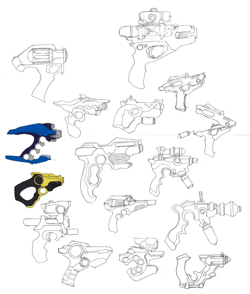 Tygra gun concept group. This was a shotgun approach to figuring out a design for Tygra's gun. I tried a variety of looks from Star Trek phasers to steam punk motifs. If you notice in the bottom, right about center. Was where we settled for the look. Was going to color them too, just ran out of time. That bullet train never stops.... (Dan Norton Apr 2012)