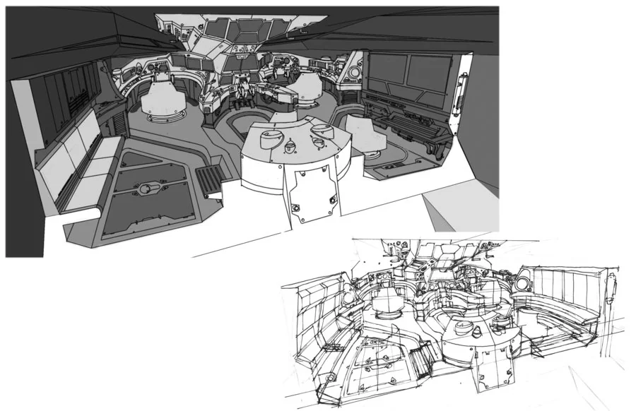 Feliner concepts 2. This is the interior of the Feliner. I didn't have the time to work out the details in 3-D, so I had to work within the interior space that I created from the exterior and make the space work in photoshop. This took about 2 or 3 days. I've included the rough version I did and the more polished one. (Dan Norton Jun 2012)