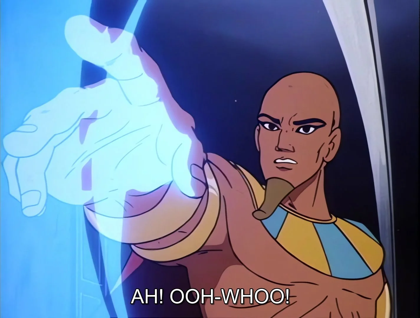 Wizz-Ra without the helmet, casting a spell with a glowing blue hand