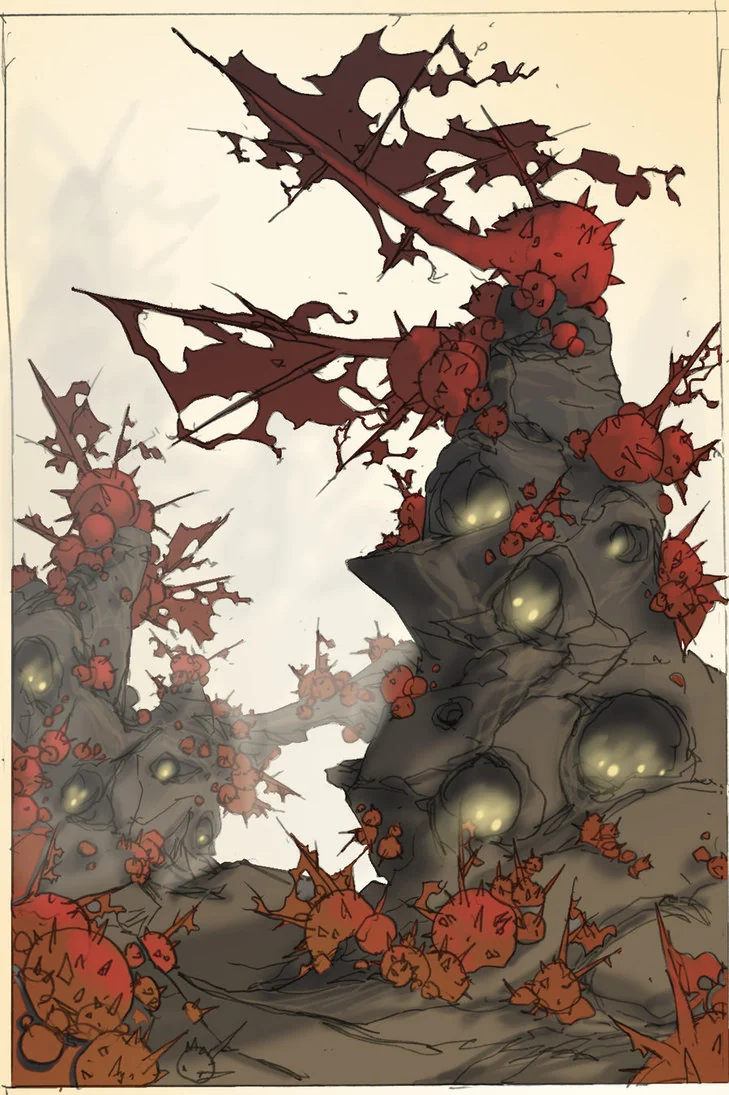 Dog City concept 1. This is the first concept for Dog City. The idea was that the dogs would 'move-in' to massive termite-like mounds where they would live in packs. The giant veggies on the mounds were going to be like tumble weeds, except they would be giant spiked balls. Once settled into a nook they would sprout a spine and the leafy part would open to draw moisture from the arid landscape. Because the air was so dry, they sail-like leaf would often shred giving it the almost haunted look. With sharp points and round surfaces, it stands out against the rocky terrain and inspires a bit of fear. At least to me it does. (Dan Norton Jun 2013)