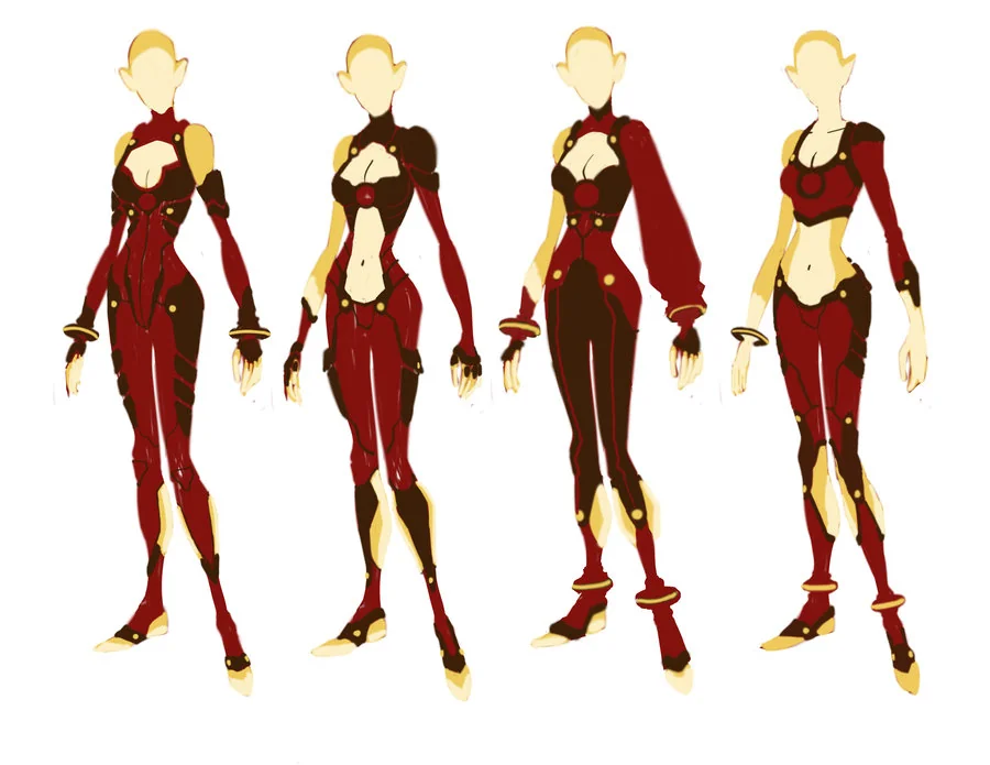 Cheetara concept 3. Here are a bunch of mock ups I did for Cheetara's costume. I was using color to break up the shapes on her form. Just a lot of experimentation. (Dan Norton May 2012)