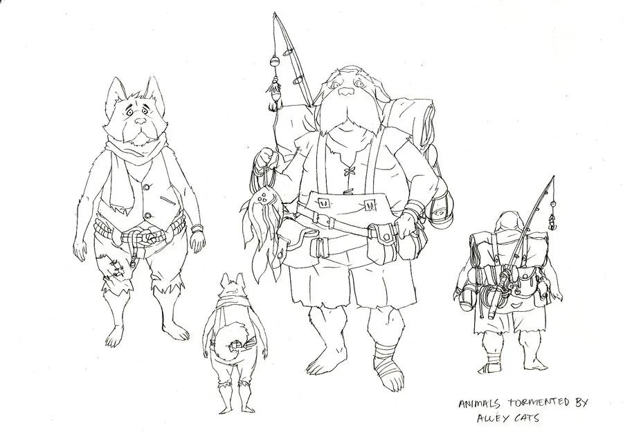 Dog people concepts 1. These were some of the Dog people concepts for background characters in Thunderia and Dog City. The one on the left got used as the first dog that gets roughed up in episode 1. (Dan Norton Jun 2012)