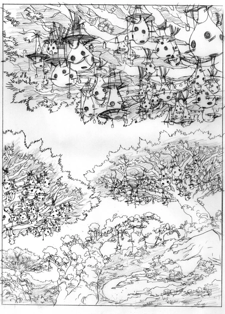 Bird Village concept 1. This was a concept piece for the Birdmen Village for show 14 which got trimmed down to a branch due to constrants. A lot of fun to draw. (Dan Norton Jun 2012)