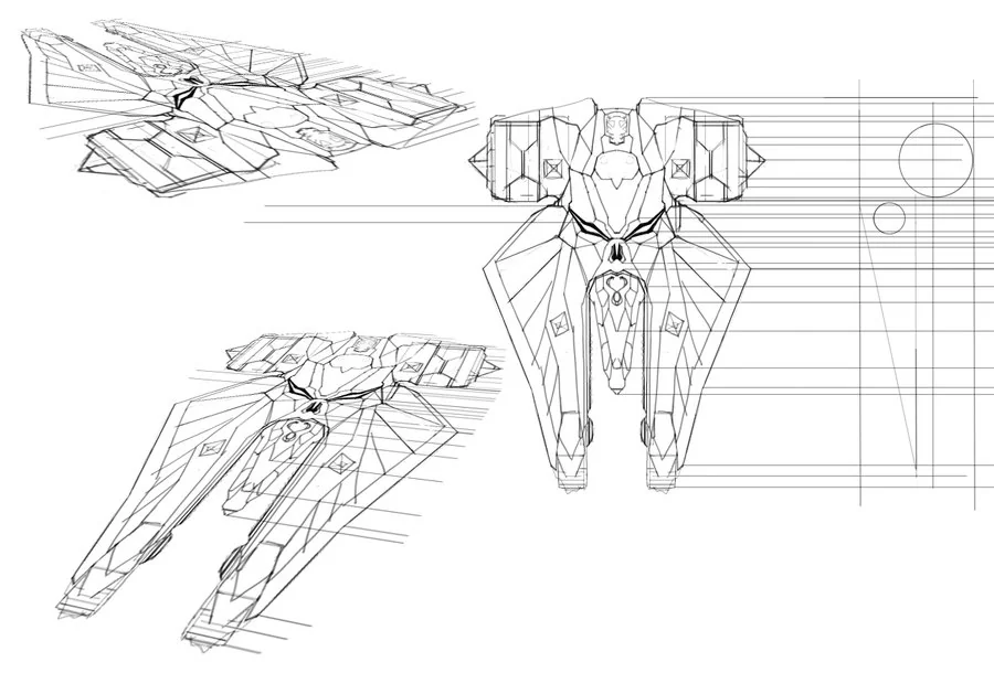 Storm Charger. This is Mumm-Ra's vehicle called the 'Storm Charger'. But unofficially, we called it the Mumm-Ride as a joke. Somehow we all grew to like the name and used it internally during production. In this process, I used these drawings to be my template to build it in Sketchup. I did some quick distortion views to see how it stretched. The lines on the side became a loose orthographic for height.
