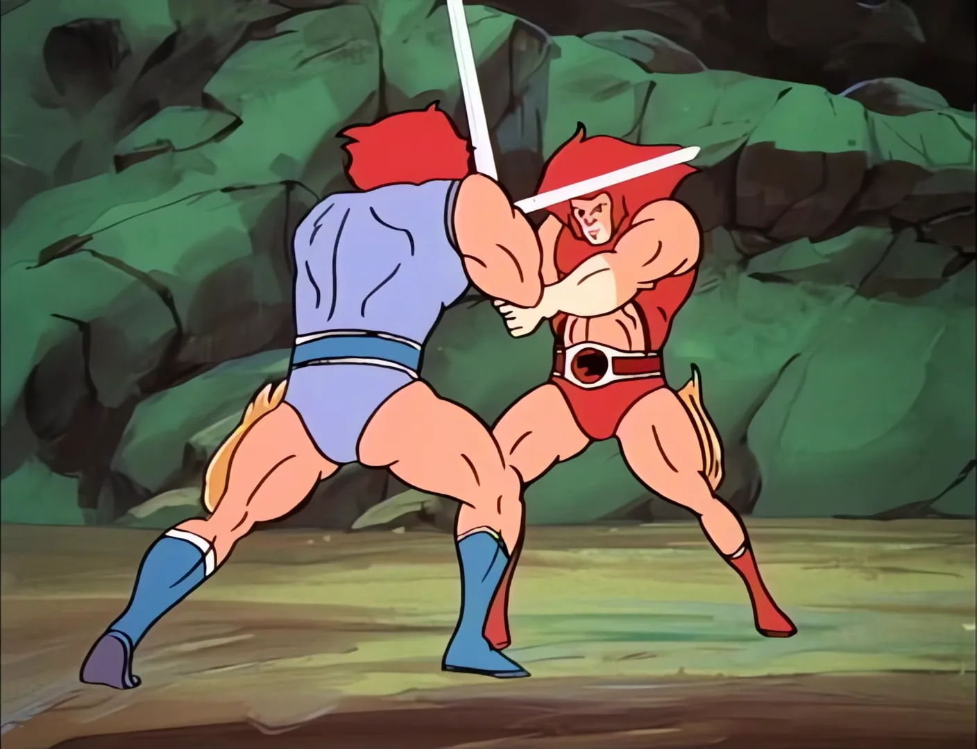 The real blue-clad Lion-O locks swords with his red Mirror duplicate in Fond Memories