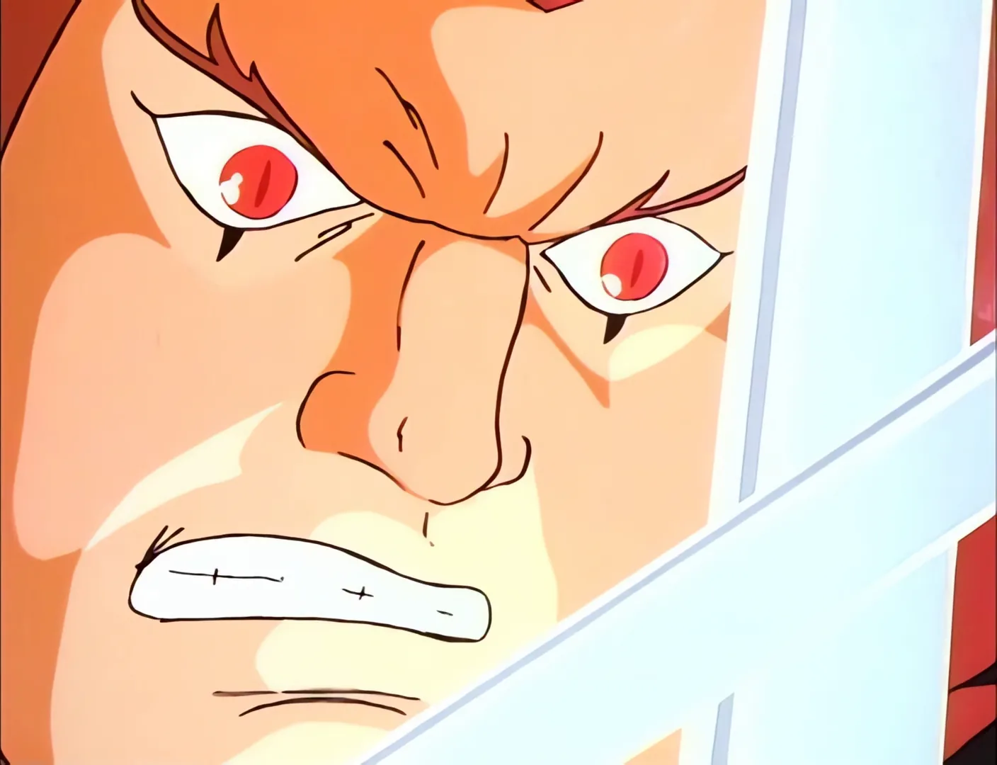 Close on the real Lion-O, red eyes blazing as he faces his double