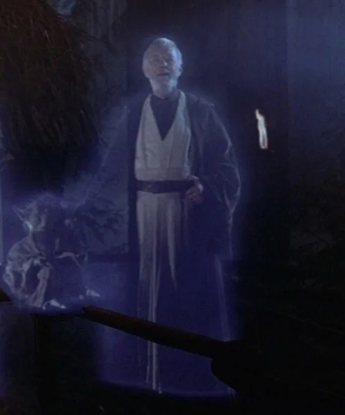 The spirit of Obi-Wan Kenobi appears to guide Luke