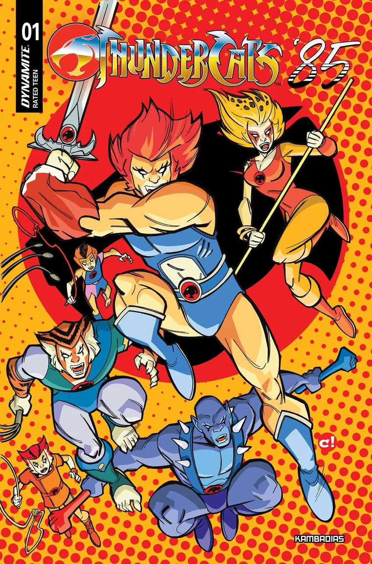 Cover art for ThunderCats '85 number 1: Lion-O leaping forward with the Sword of Omens raised, Cheetara to his right with her staff, and Tygra, Panthro, WilyKit and WilyKat around them, over a red and yellow halftone ground.