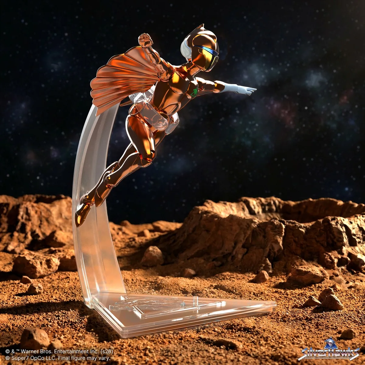 Copper Kidd Toy Chrome posed mid-flight on the clear acrylic Wave 08 stand