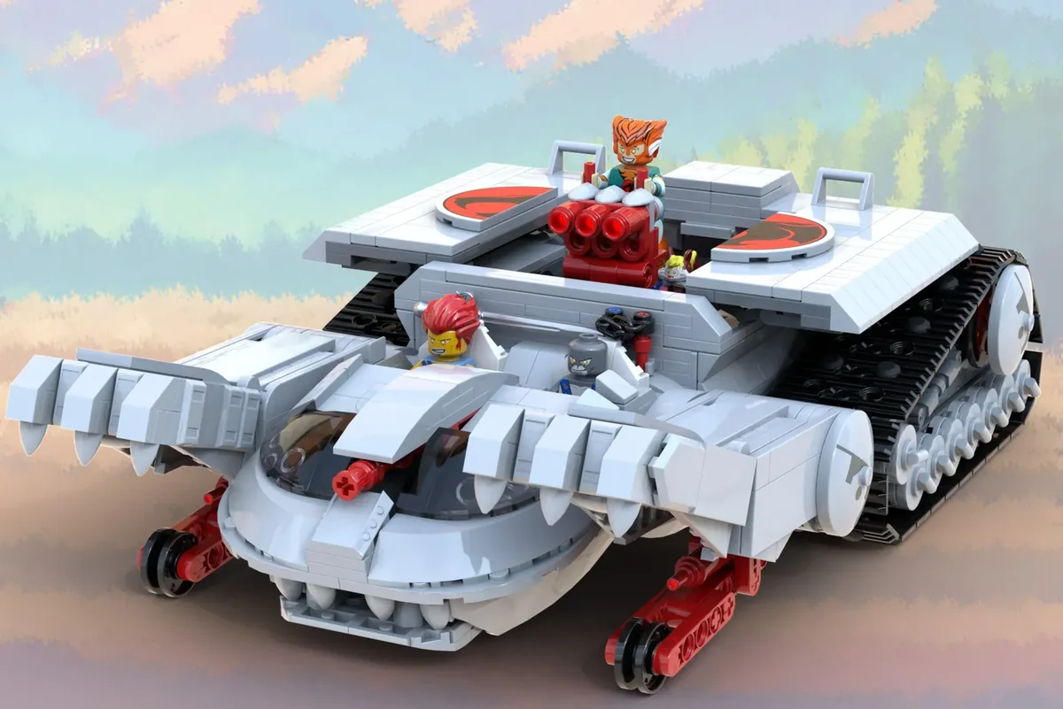 Front view of the LEGO ThunderTank with a minifigure at the controls
