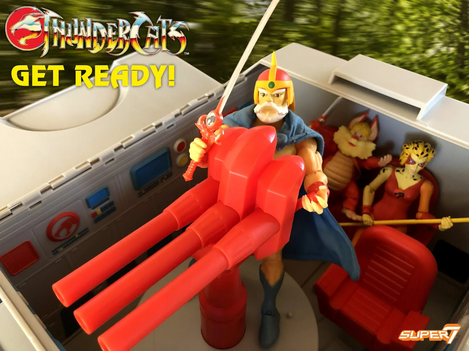 The ThunderTank Toy Version with its turret guns raised and Lion-O aboard