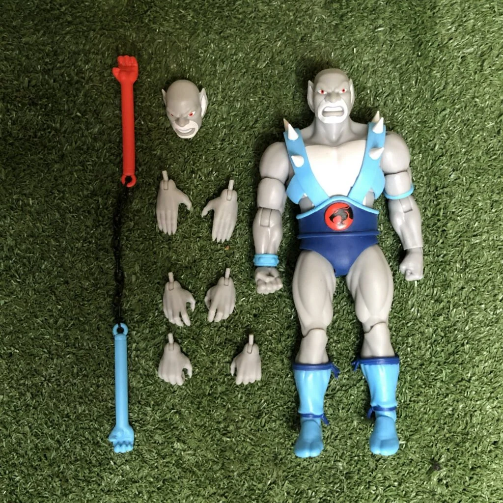 Toy Color Panthro loose with his nunchuks, spare hands and alternate head