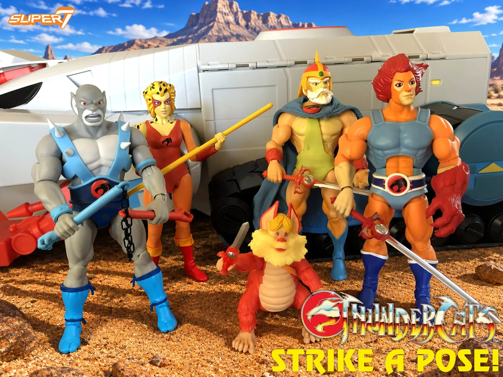The toy recolor ThunderCats team lined up in front of the Toy Color ThunderTank