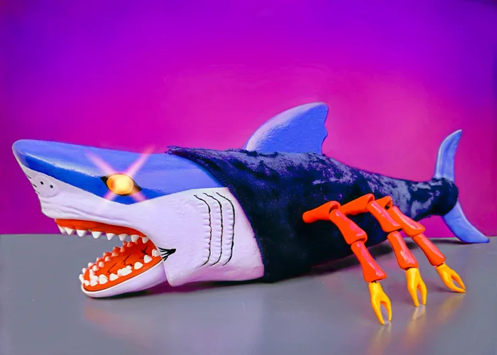 Custom Black Widow Shark figure in profile, jaws open, with a lit up eye and red articulated legs
