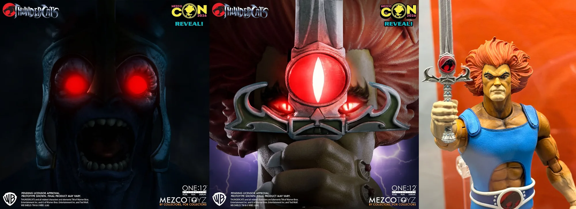 Mezco MezcoCon 2026 reveal art: the One:12 Collective ThunderCats Mumm-Ra with glowing red eyes, the Eye of Thundera set in the Sword of Omens, and the One:12 Lion-O figure