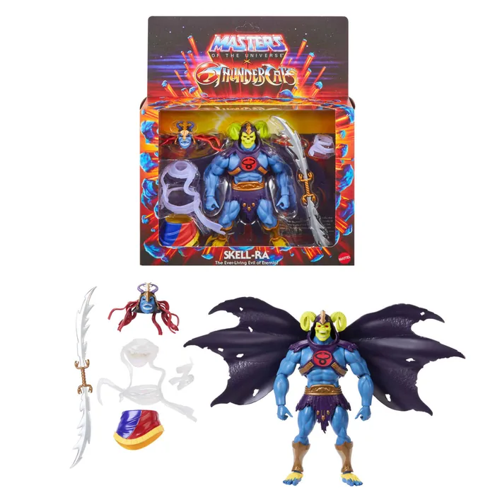 Skell-Ra retail box alongside the figure and its accessory set