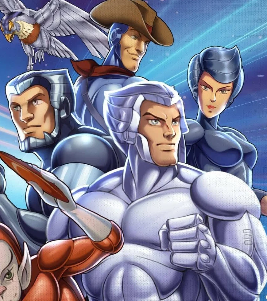 Quicksilver, Steelheart, Steelwill, Bluegrass, Copper Kidd and Tally-Hawk in the SilverHawks concept key art