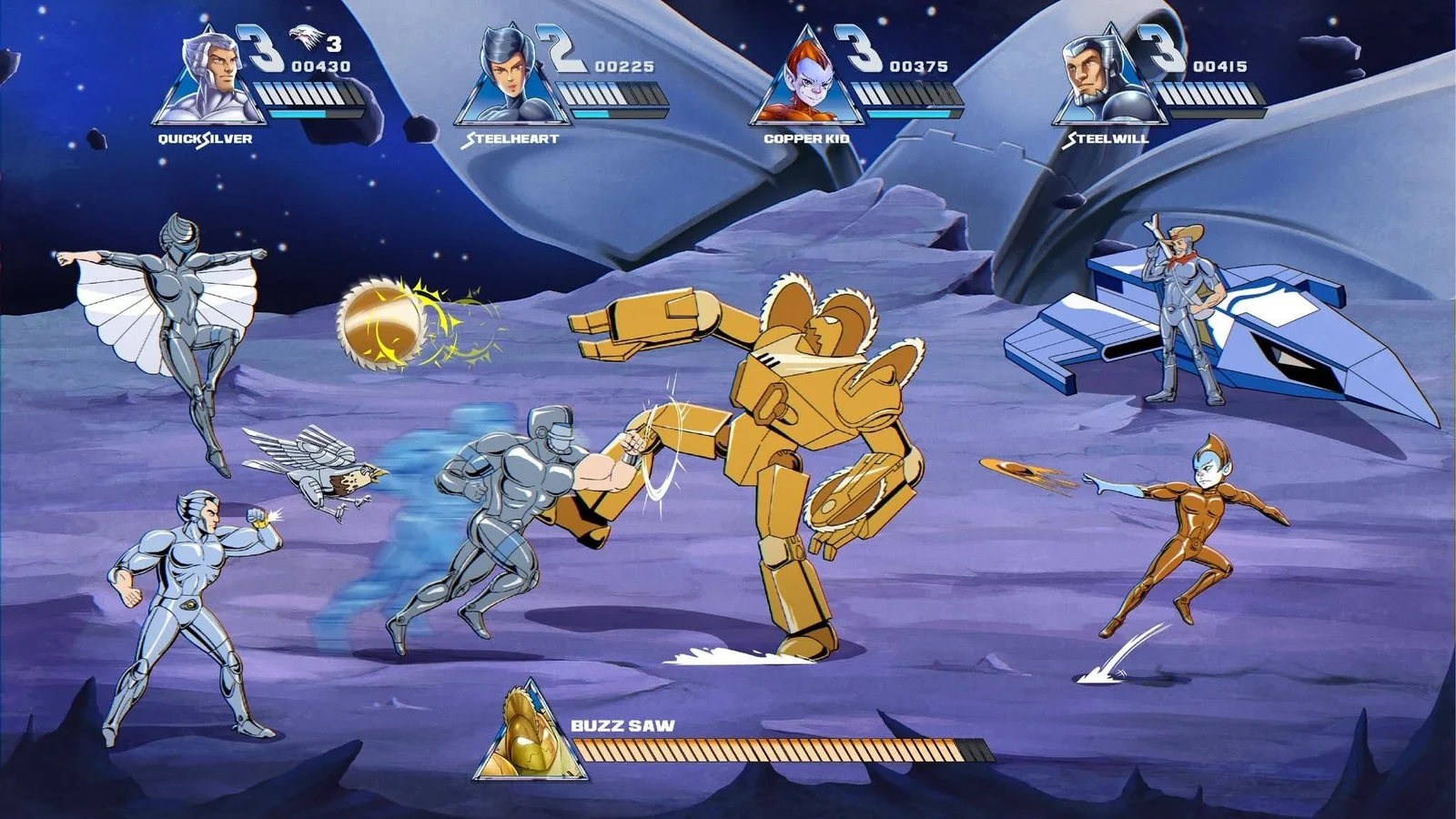 Concept mockup: the SilverHawks fight Buzz-Saw on a purple moon, with a four player HUD across the top