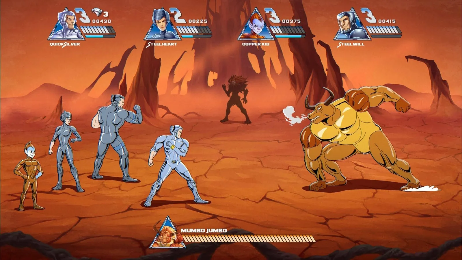 Concept mockup: the SilverHawks squad line up against Mumbo Jumbo on a cracked red planet