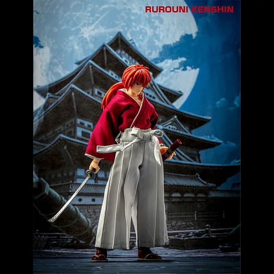 Himura Kenshin from Rurouni Kenshin, a 1/12 figure by Dasin Model. Red gi, reverse-blade sword, shot against a castle backdrop.