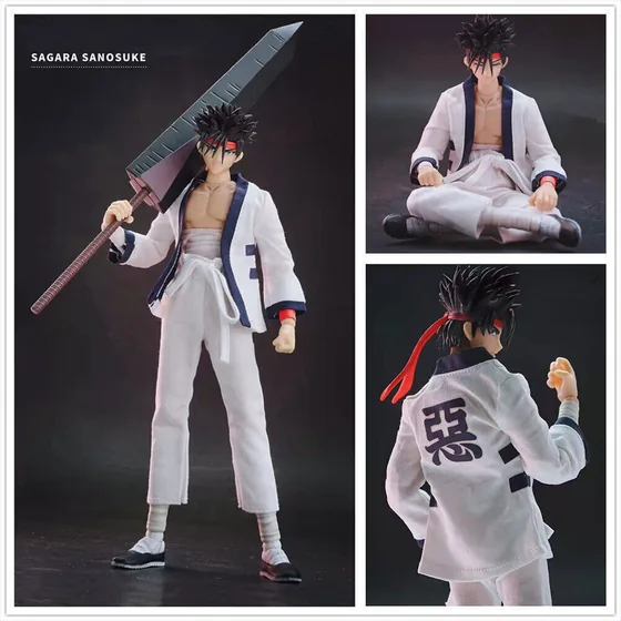 Sagara Sanosuke from Rurouni Kenshin, a 1/12 figure by Dasin Model. Shown as a three-panel product card, the way a licensed maker presents a release.