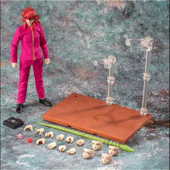 Kurama from Yu Yu Hakusho, a 1/12 figure by Dasin Model. Pink uniform, swappable hands and faces laid out beside the figure.
