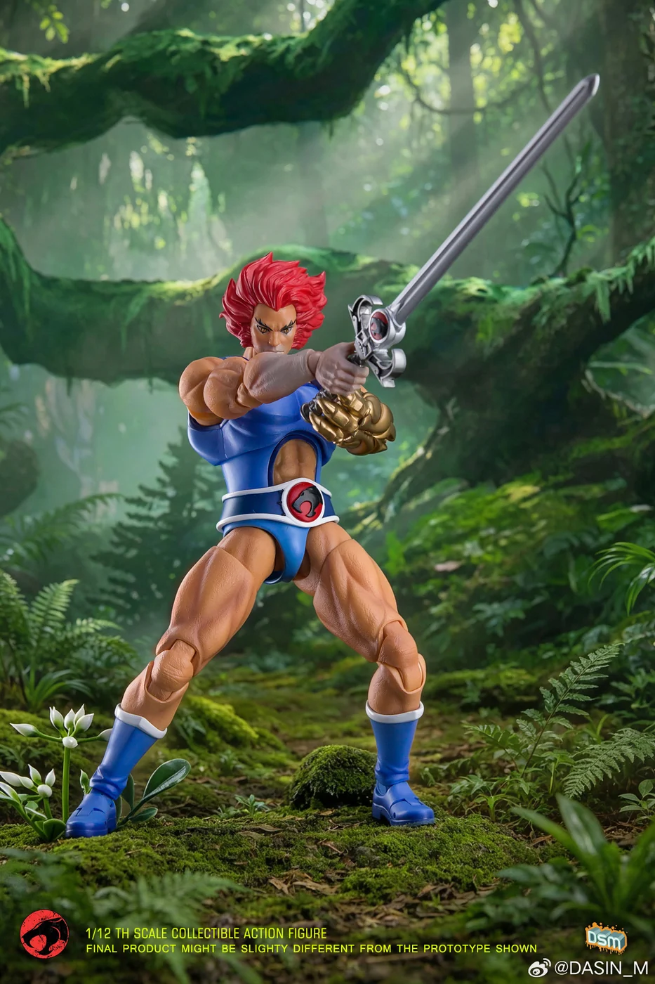 Dasin Model 1/12 scale ThunderCats Lion-O prototype in a wide stance, holding the extended Sword of Omens out to one side with the Claw Shield at his chest