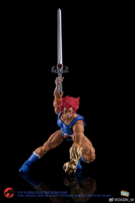 Sword of Omens, raised. Crouched low, blade overhead, on a reflective black floor. The studio shots are the honest ones for judging a sculpt.