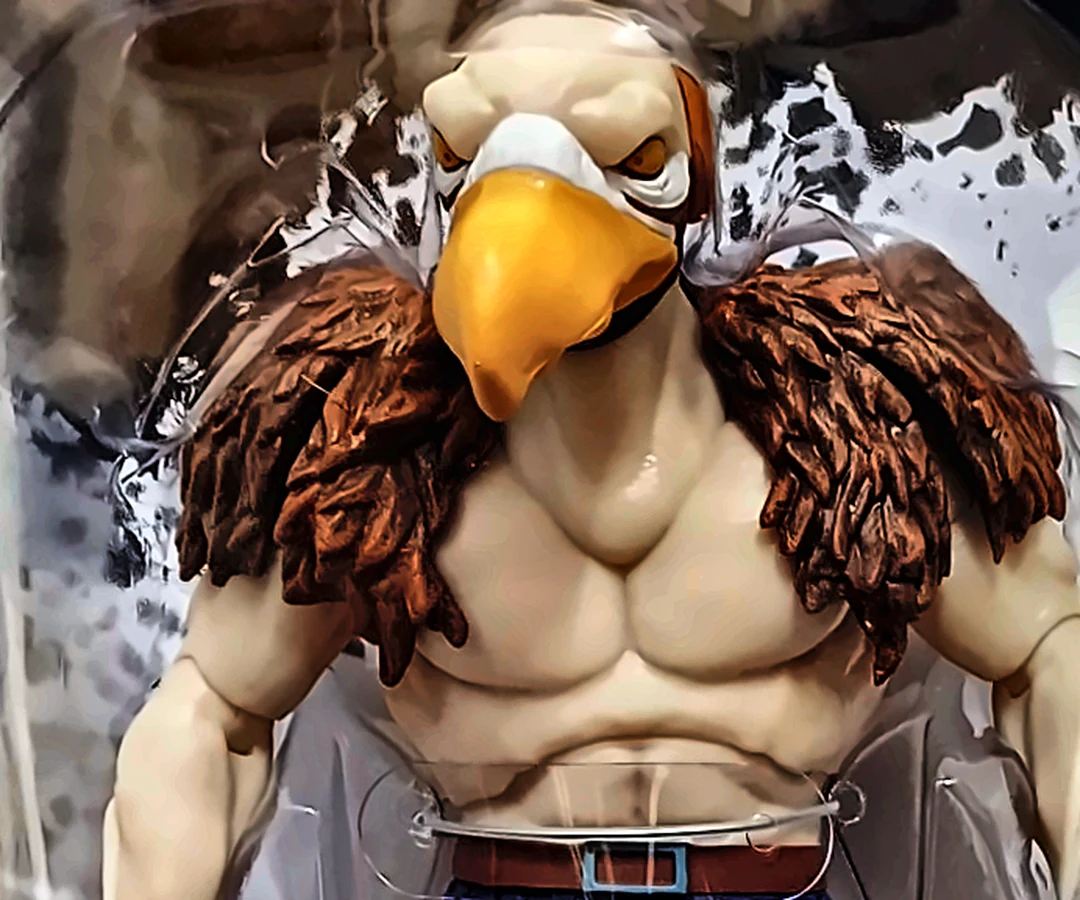 Close-up of the DX Deluxe Vultureman, from the top of the head to the belt