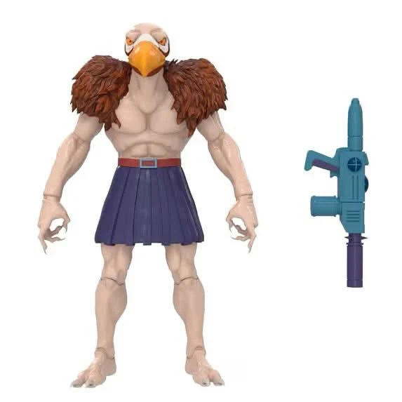 Official image of the DELUXE Vultureman beside his blaster