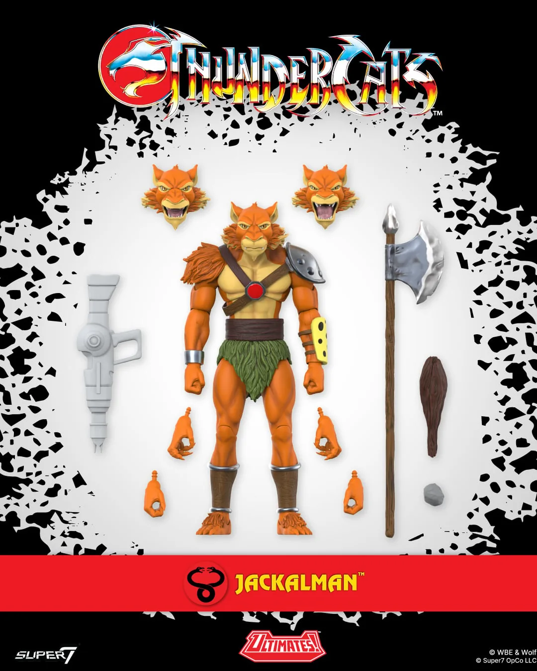 Official Super7 Jackalman ULTIMATES figure with two alternate heads, hands, club, axe, blaster and rock