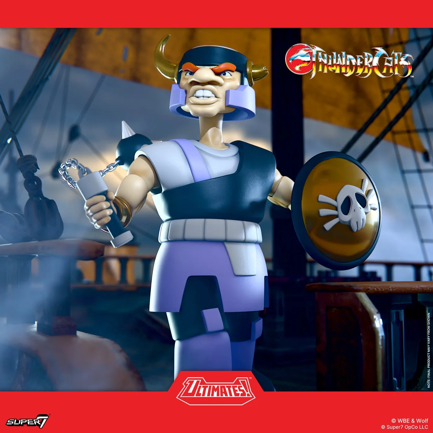 Official Super7 image of the ULTIMATES Top-Spinner with chain flail and skull shield